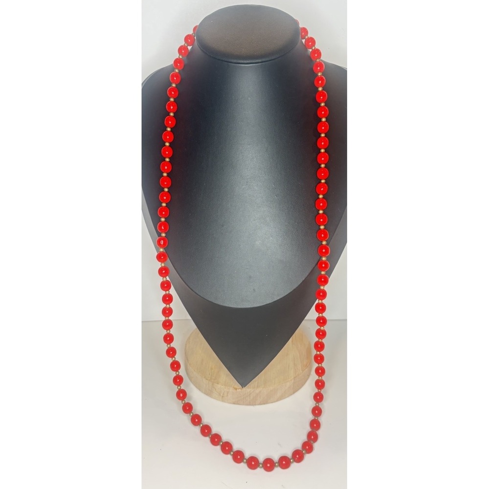 Vintage 31" Red Glass Bead Necklace Brass Spacer Beads Opera Length Retro